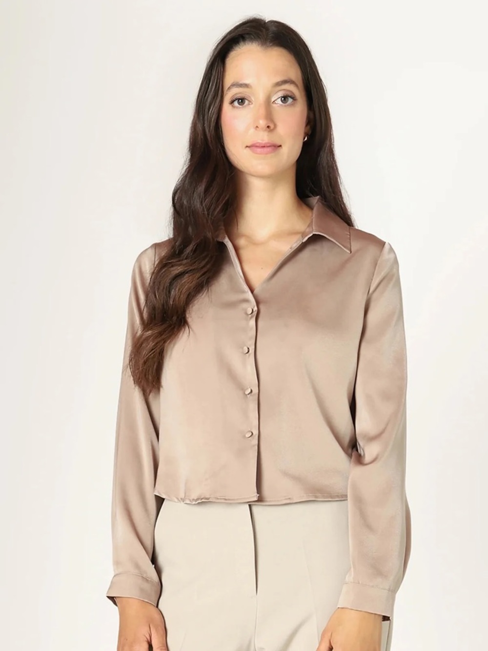 Satin Cropped Button Up Blouse